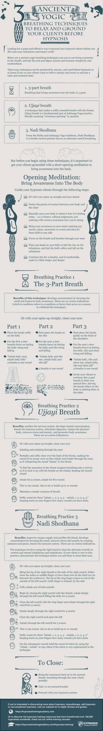 [INFOGRAPHIC] Yogic Breathing For Hypnosis: 3 Easy Techniques To Ground & Relax Your Clients Before Inducing A Hypnotic Trance